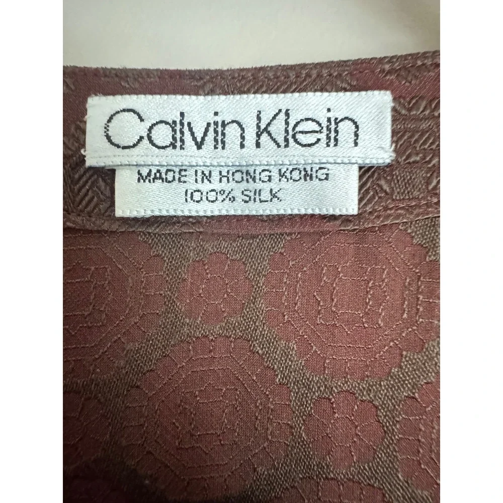 Calvin Klein Vintage 100% Silk Jacquard Blouse Geometric Long Sleeve 70s. 80s